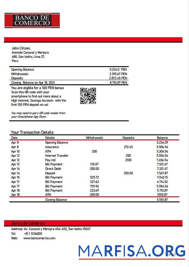 Downloadable Peru Banco de Comercio bank statement word template